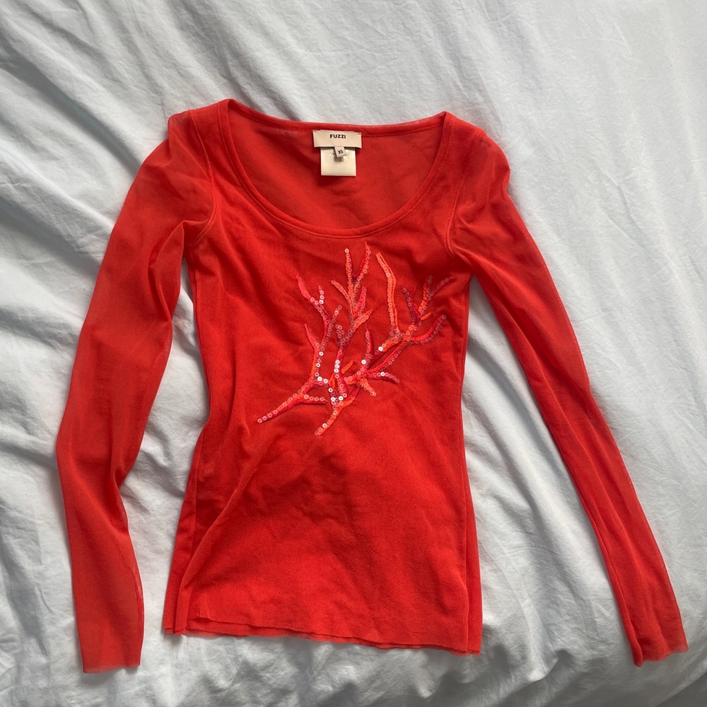 Fuzzi JPG mesh top raw hem orange embroidered XS
